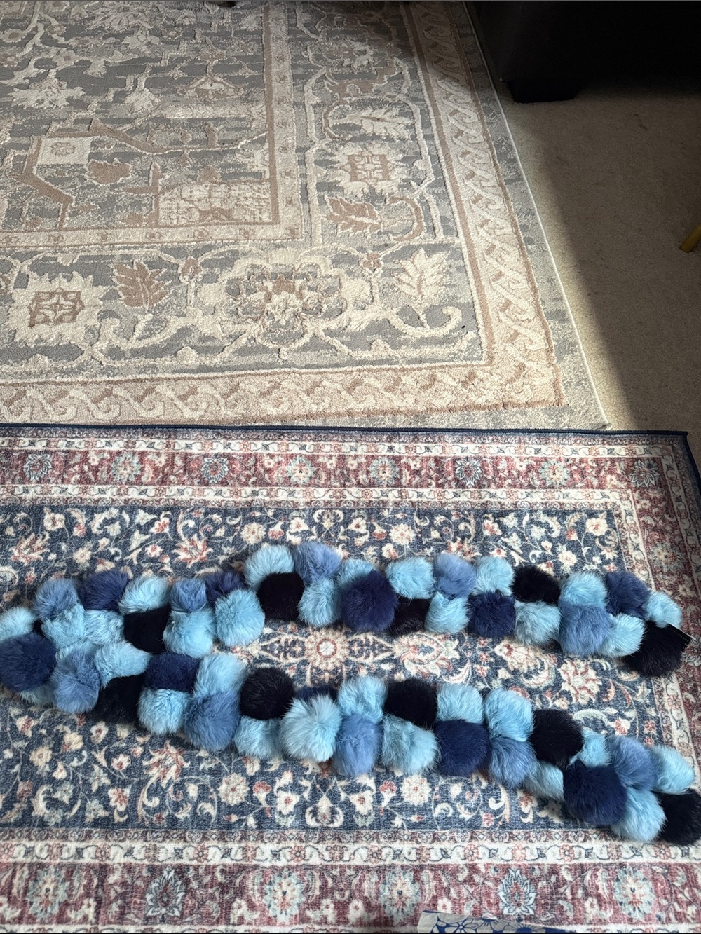 Folio Genuine Rabbit Fur Plush Blue Ombre Pom-Pom Scarf -